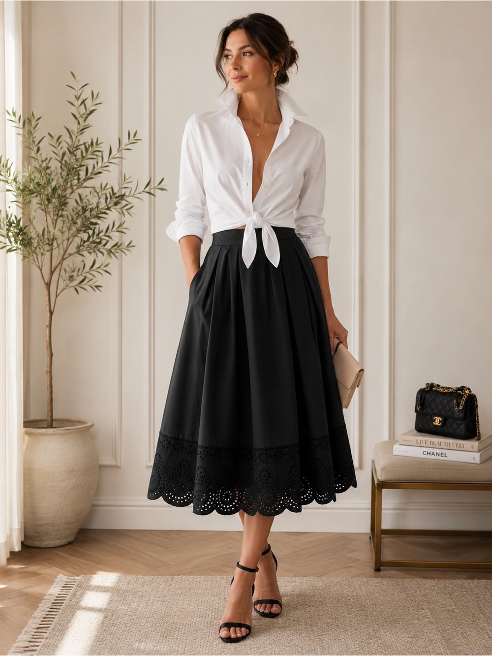 Marc Jacobs Black A-Line Midi Skirt with Eyelet Hem & Pockets | Size 2